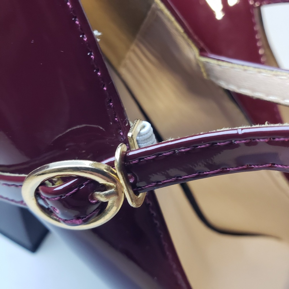 Women's Burgundy Patent Leather Mary Jane Block Heel Shoes Ankle Strap Sz 41 EU - Picture 5 of 11